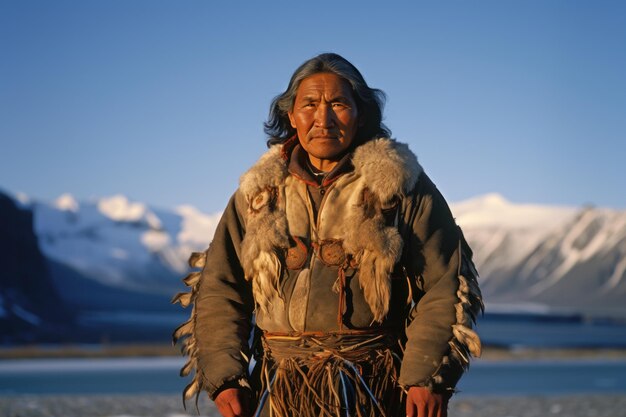 Un homme inuit en tenue traditionnelle sur le fond des montagnes de l'Alaska