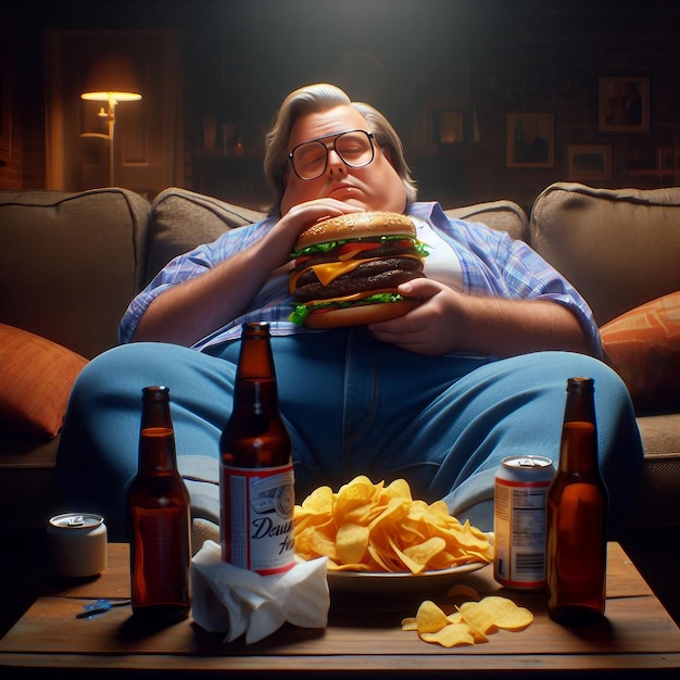 Un homme ivre avec un hamburger et de la bière sur le canapé à la maison