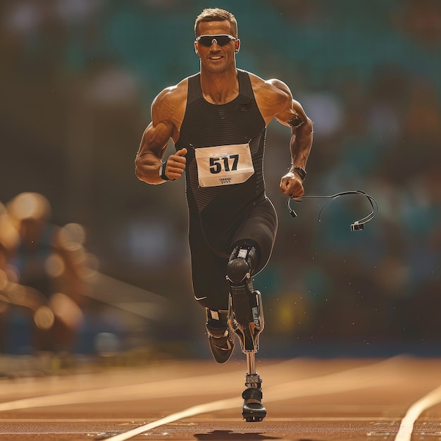 Un homme avec une jambe prothétique participe à une course avec le numéro 517 sur sa chemise.