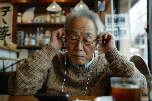 Un homme japonais âgé aux cheveux gris avec des lunettes et un pull beige assis à table en train d'ajuster des écouteurs tout en écoutant de l'audio sur un téléphone portable