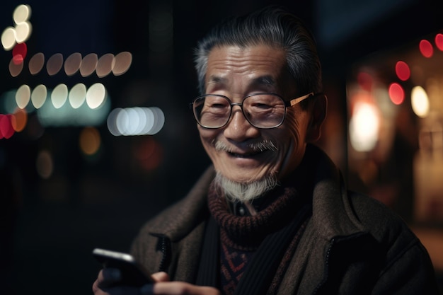 Un homme japonais chinois senior vêtements à la mode à l'aide d'un téléphone portable avec fond de rue de la ville urbaine la nuit Generative AI AIG18