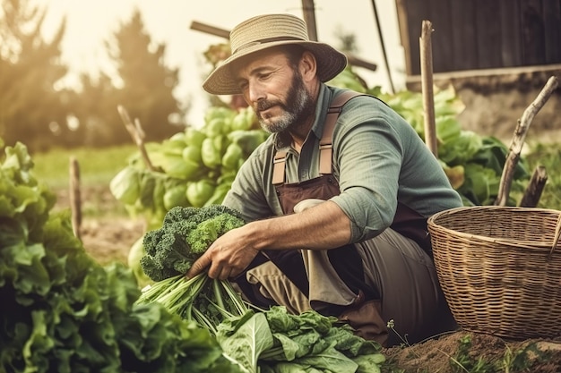 Un homme un jardinier tenant et montrant ses cultures de légumes et de fruits biologiques