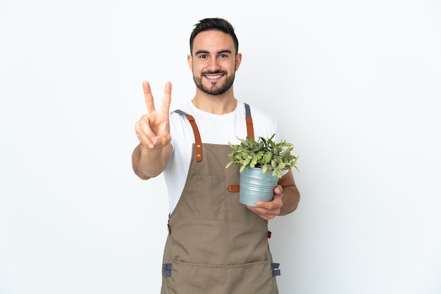 Homme jardinier tenant une plante isolée sur un mur blanc souriant et montrant le signe de la victoire