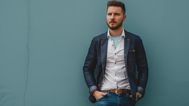 Un homme en jean et en chemise blanche se tient sur un fond bleu, il a les mains dans les poches et détourne le regard de la caméra.