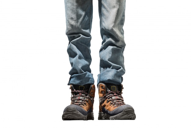 Homme, jeans, porter, bottes trekking