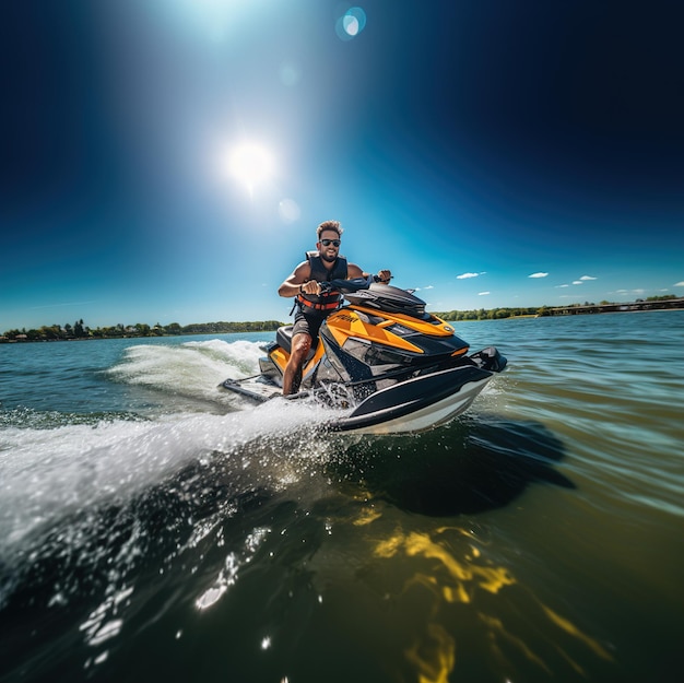 un homme sur un jet ski monte sur un jet ski.