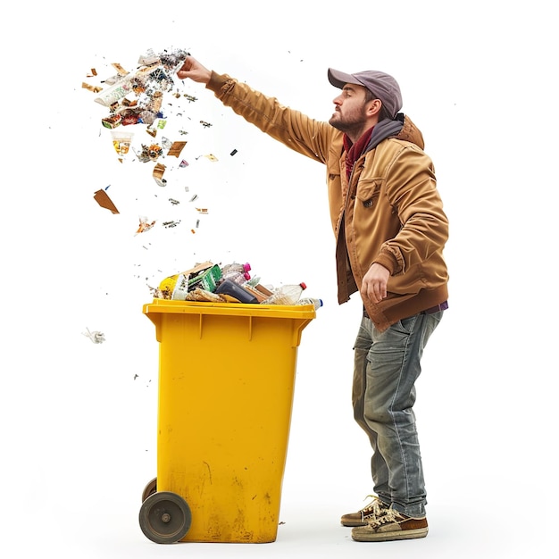 Photo un homme jetant un seau d'ordures devant une poubelle jaune