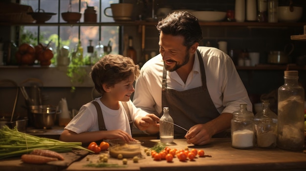 Un homme et un jeune garçon préparent joyeusement de la nourriture ensemble dans une cuisine confortable.