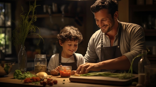 Un homme et un jeune garçon travaillent ensemble à couper des légumes et à remuer des ingrédients dans une cuisine animée.
