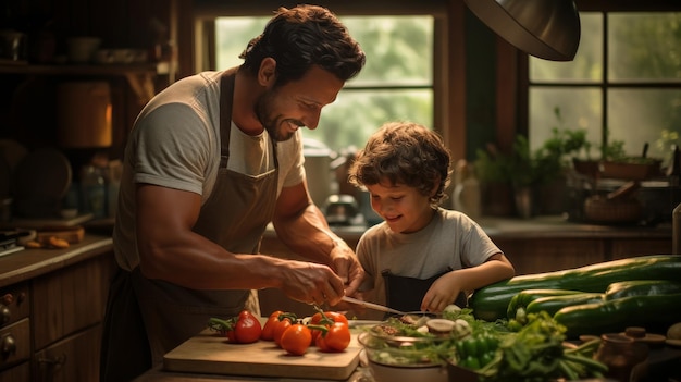 Un homme et un jeune garçon travaillent ensemble pour préparer un repas dans une cuisine confortable.