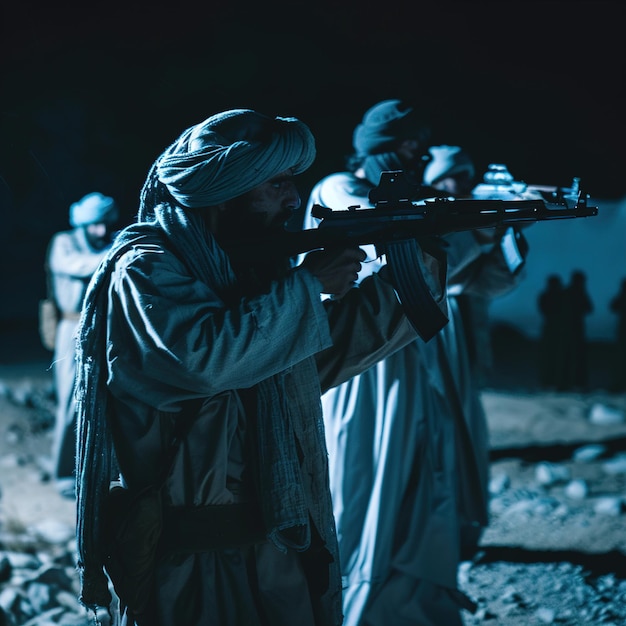 Photo un homme jouant d'une arme avec les mots le désert sur le fond