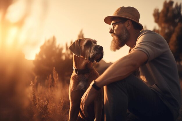 Un homme jouant au chien de compagnie à l'extérieur de la nature soin du parc labrador loft affection générer Ai