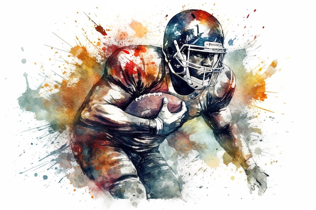 Homme jouant au football américain Portrait d'un joueur de football américain en action Peinture à l'aquarelle