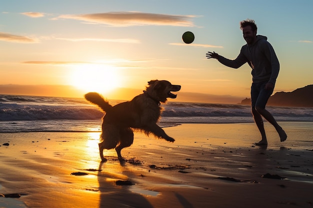 Un homme jouant au freesbe avec un chien sur une plage.