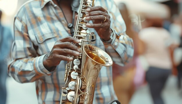 Un homme jouant du saxophone au coin de la rue.