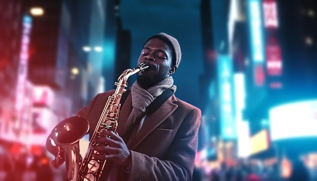 Un homme jouant du saxophone dans une rue de la ville