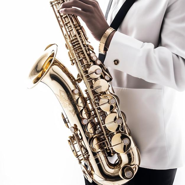 Homme jouant du saxophone sur fond blanc