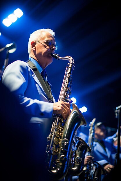 Photo un homme jouant du saxophone avec les mots jazz sur le dessus