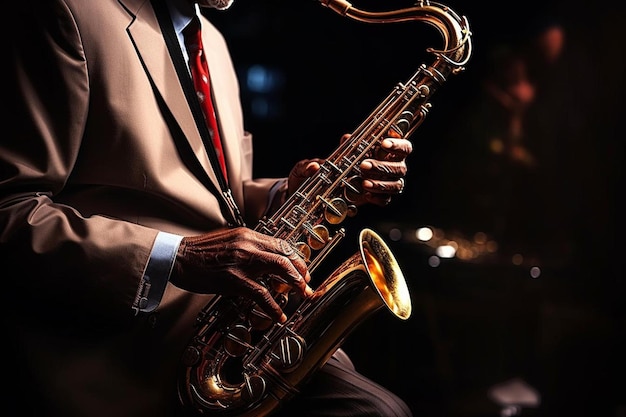 Photo un homme jouant du saxophone avec les mots jazz sur le dessus