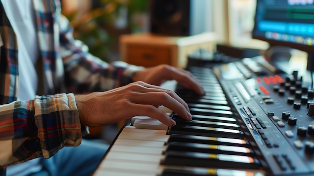 Photo un homme jouant du synthétiseur dans un studio à domicile. vue rapprochée des mains sur le clavier.