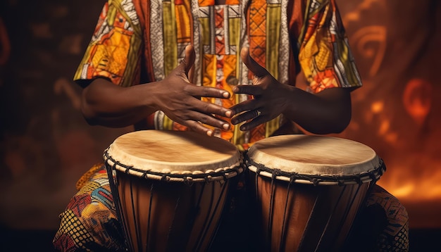 Un homme jouant du tambour africain en costume ethno