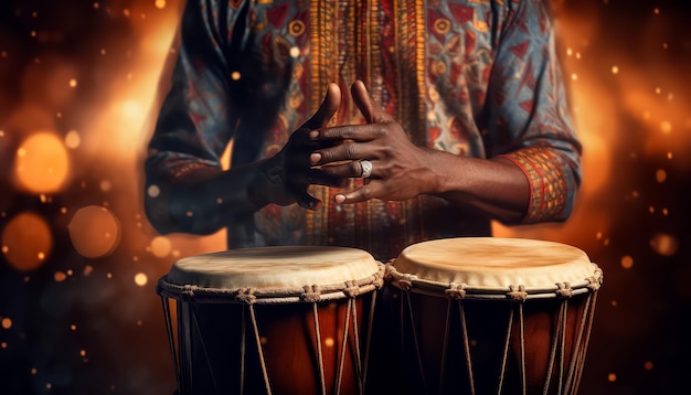 Un homme jouant du tambour africain en costume ethno