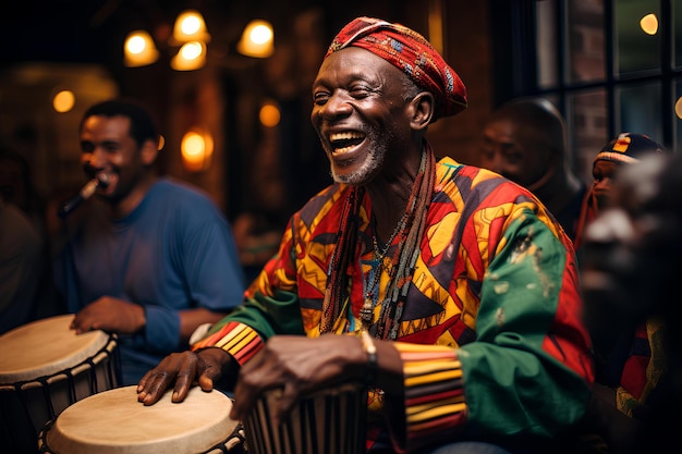 Photo un homme jouant du tambour djembe dans un bar