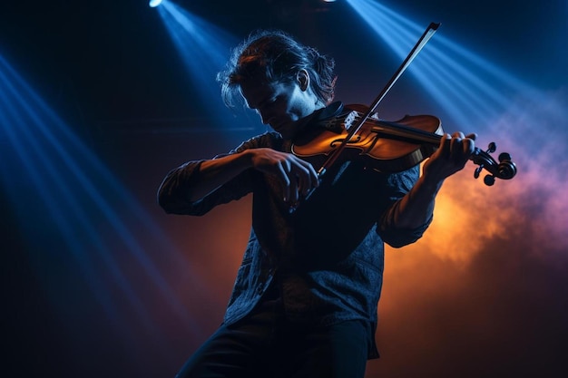 Un homme jouant du violon avec un archet et des cordes.