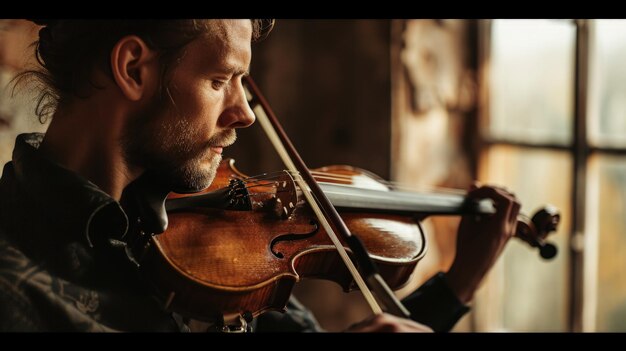 Un homme jouant du violon devant une fenêtre