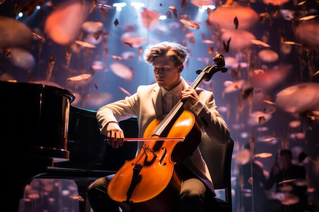 un homme jouant du violoncelle dans une pièce sombre