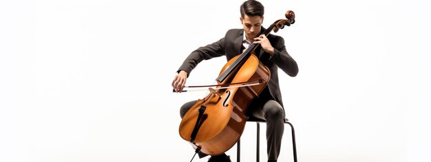 Un homme jouant du violoncelle sur fond blanc