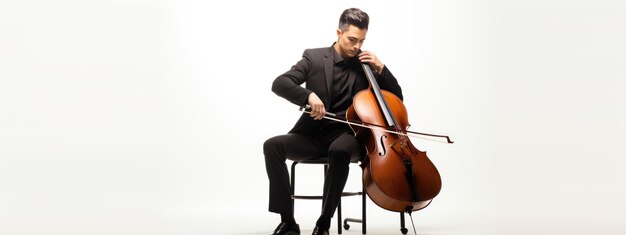Un homme jouant du violoncelle sur un fond blanc