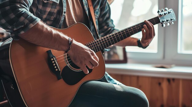 Un homme jouant d'une guitare acoustique Il porte une chemise à carreaux et des jeans La guitare est brune et a un grain de bois naturel