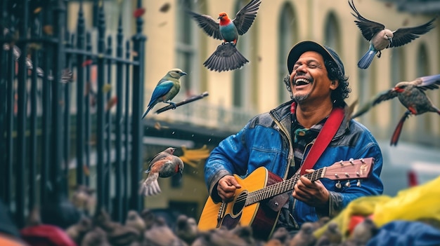 Un homme jouant de la guitare et chantant devant une clôture avec des oiseaux qui volent autour de lui