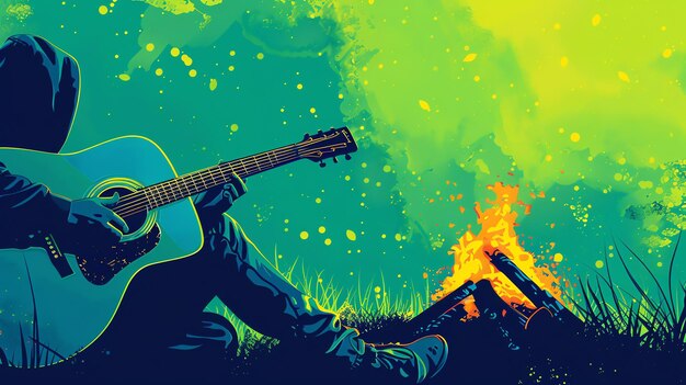 Photo un homme jouant de la guitare et chantant près du feu de joie l'arrière-plan est flou avec un gradient vert et jaune l'homme est en silhouette