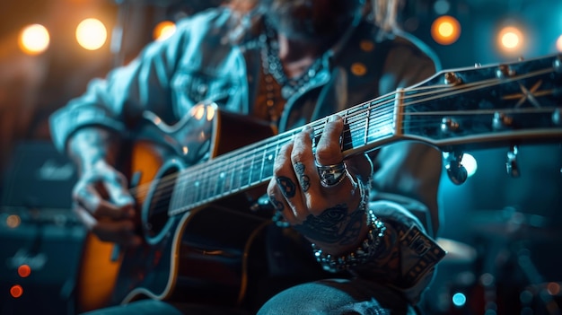 Un homme jouant de la guitare dans une pièce sombre