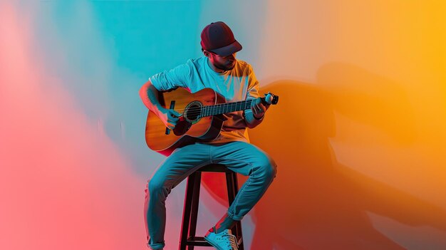 un homme jouant de la guitare devant un fond coloré