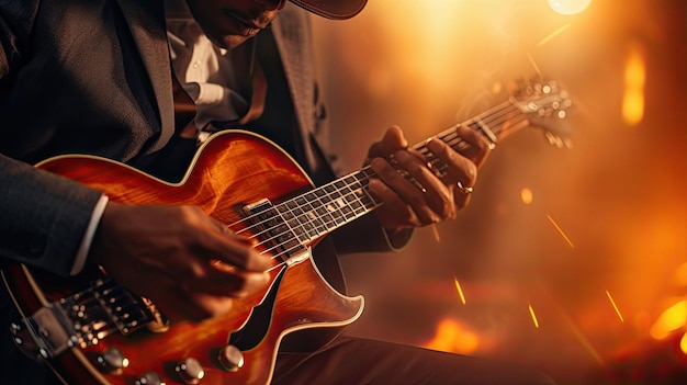 un homme jouant de la guitare devant un fond de feu.