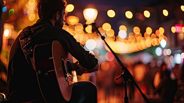 Photo un homme jouant de la guitare devant un microphone sur scène