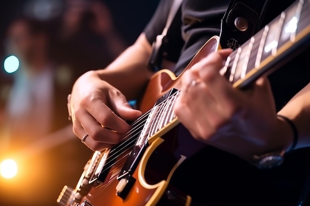 Un homme jouant de la guitare devant une scène avec un projecteur en arrière-plan.