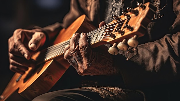 un homme jouant de la guitare avec un fond noir