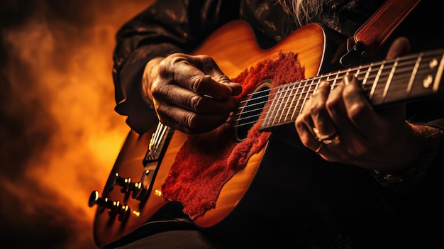 un homme jouant de la guitare avec un fond rouge