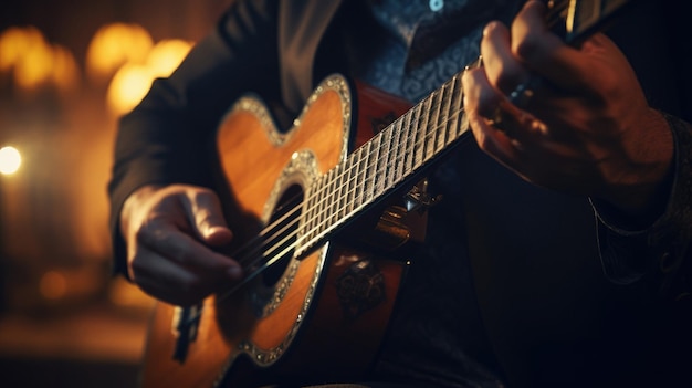 homme jouant de la guitare sur un fond sombre.