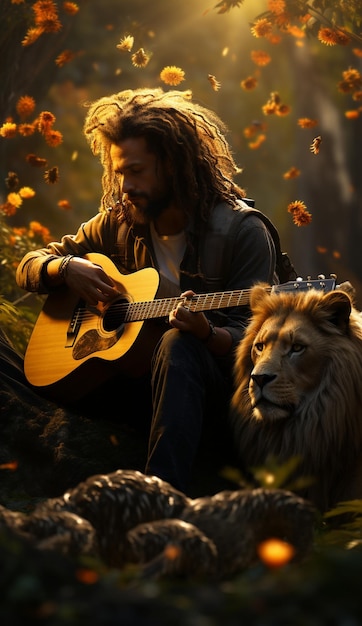 un homme jouant de la guitare avec un lion en arrière-plan