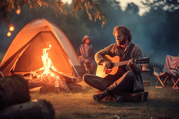 Un homme jouant de la guitare près d'un feu de camp