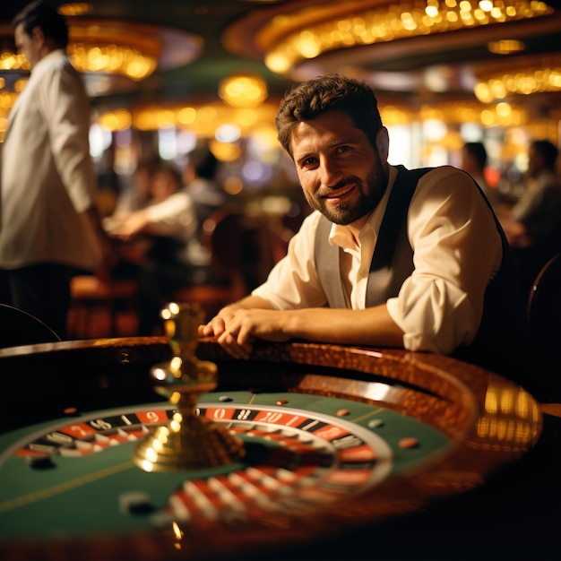 un homme jouant à un jeu de casino avec un casino en arrière-plan.