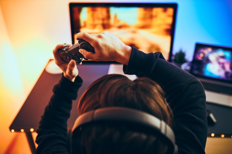 Photo un homme jouant à un jeu vidéo, un joueur tenant un joystick, jouant au tournoi de championnat.
