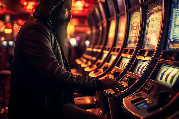 Homme jouant à la machine à sous concentré avec un gros plan