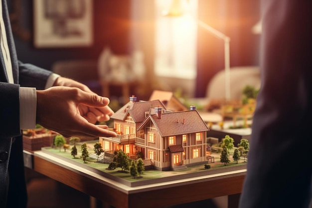 un homme jouant à une maison modèle avec une maison modèle sur la table.