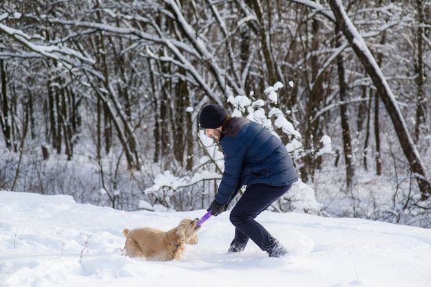 L'homme joue avec cocker spaniel